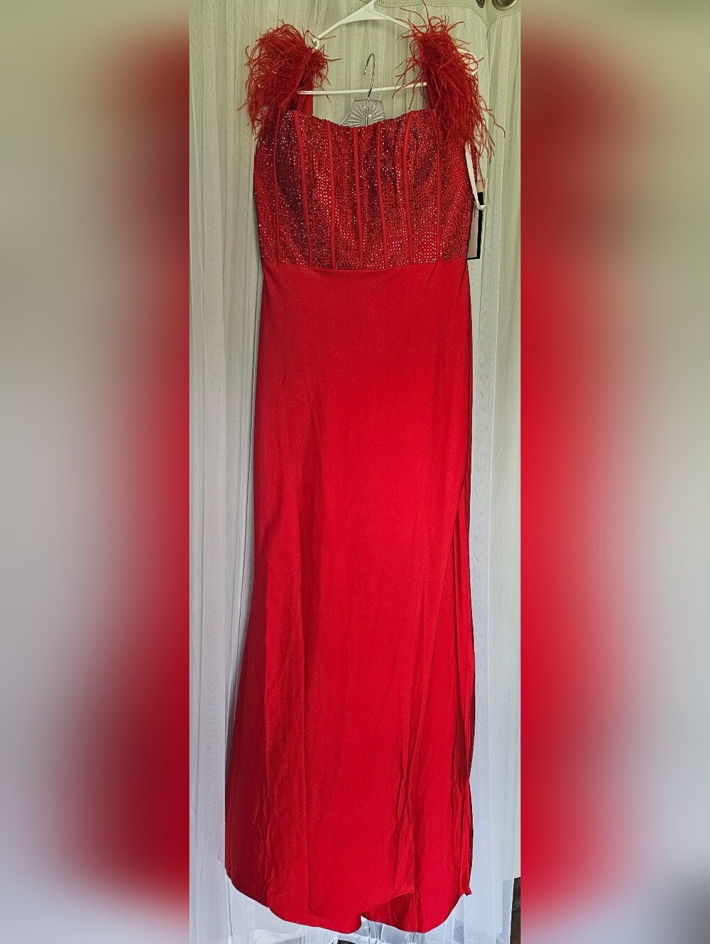Sophia Thomas Red Feather-Trim Evening Gown Size 16